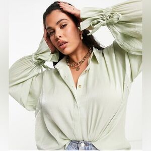 ✨ Pretty Lavish Curve Demi Metallic Thread Tie Cuff Blouse in Pistachio ✨